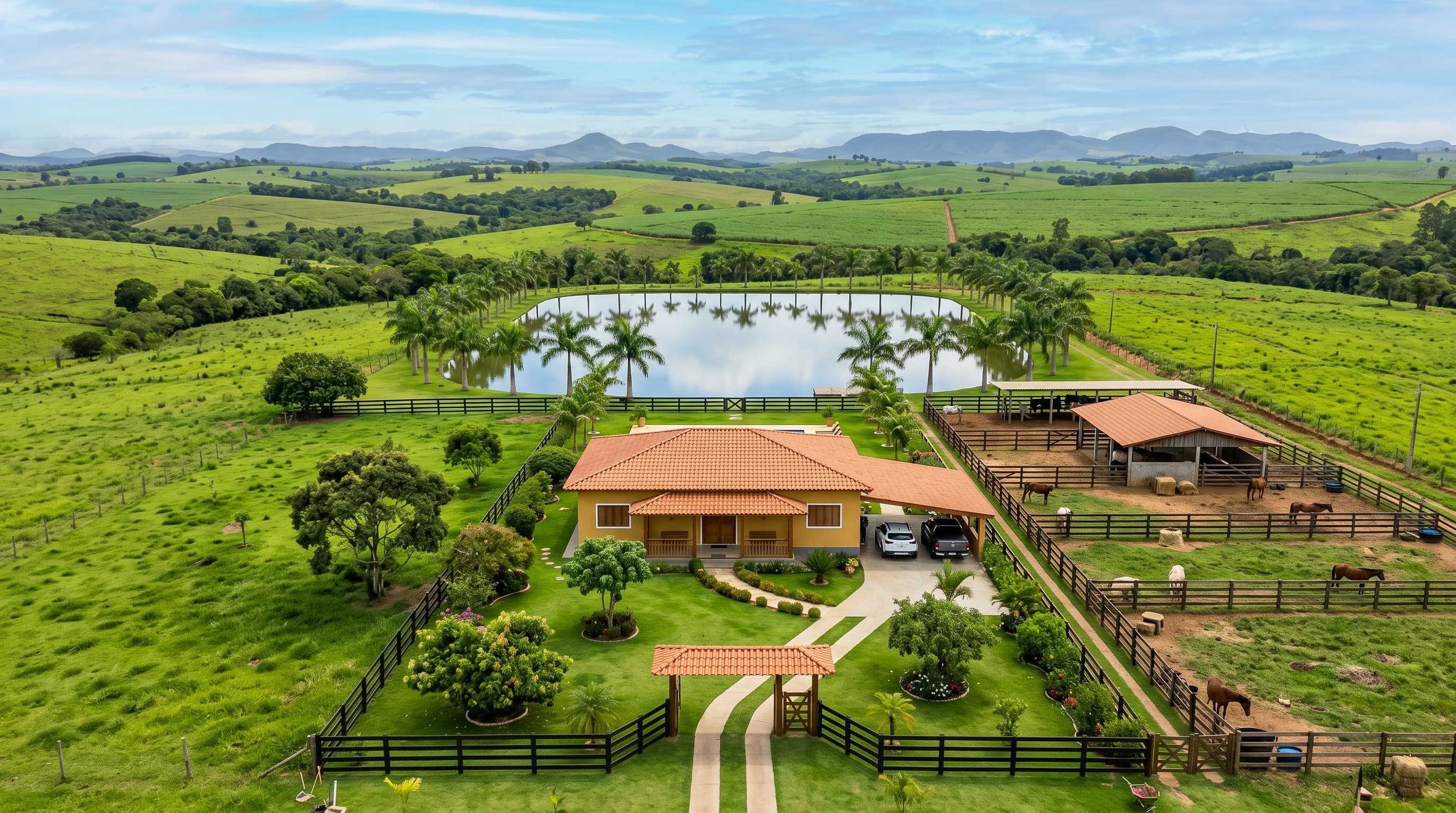 Vista aérea de chácara cinematográfica com lago e área verde