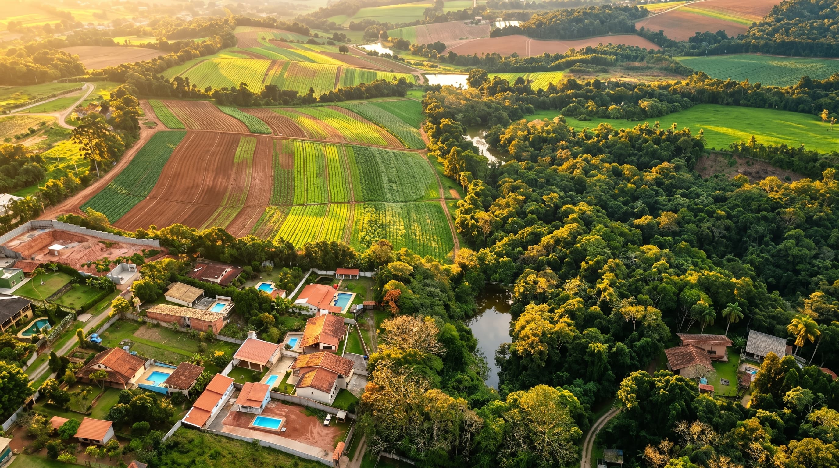 Propriedade rural com pomares e vista aérea panorâmica